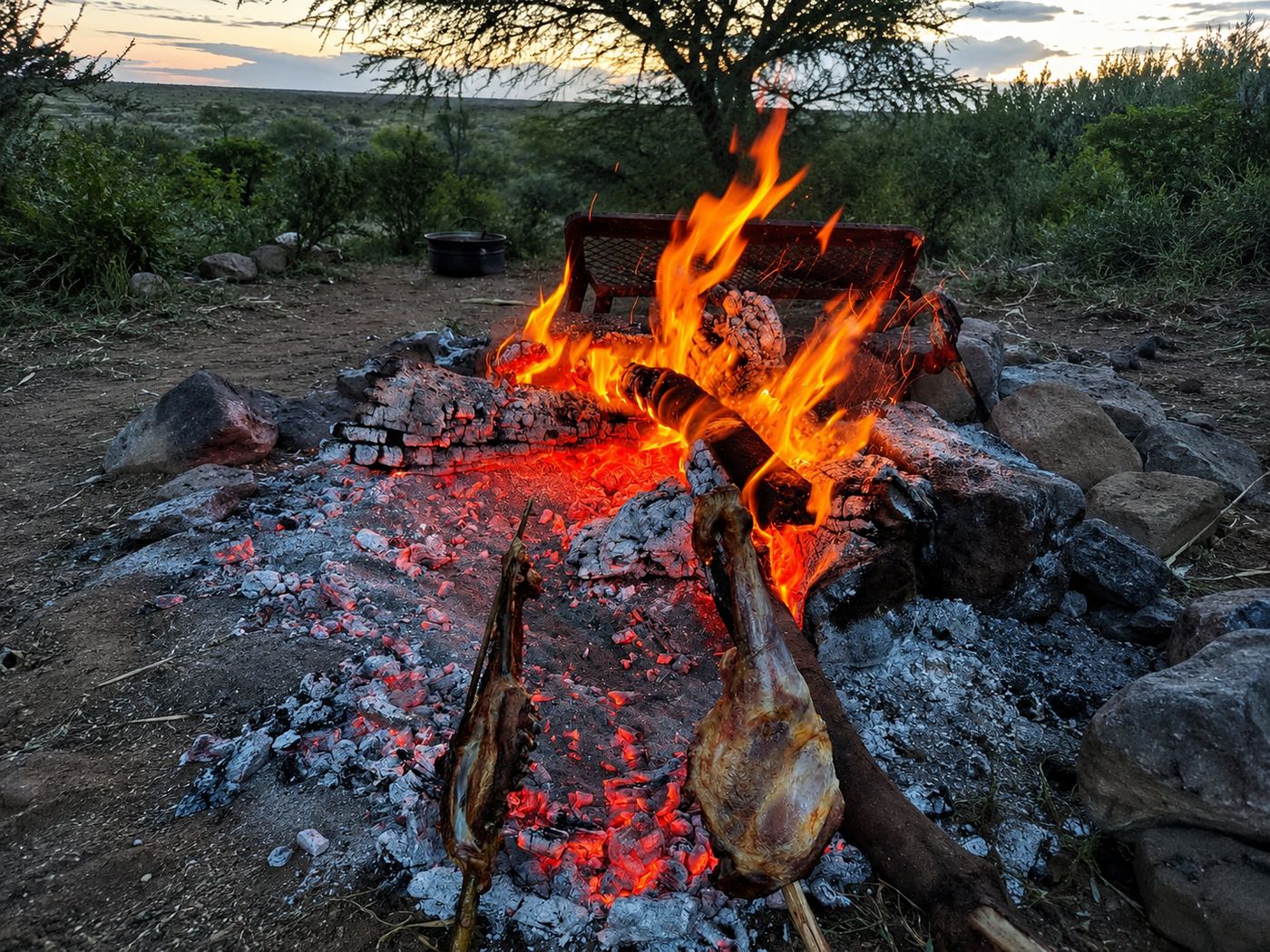 Meat roasting over an open fire for babacau, Nguruman's Maasai-style barbecue