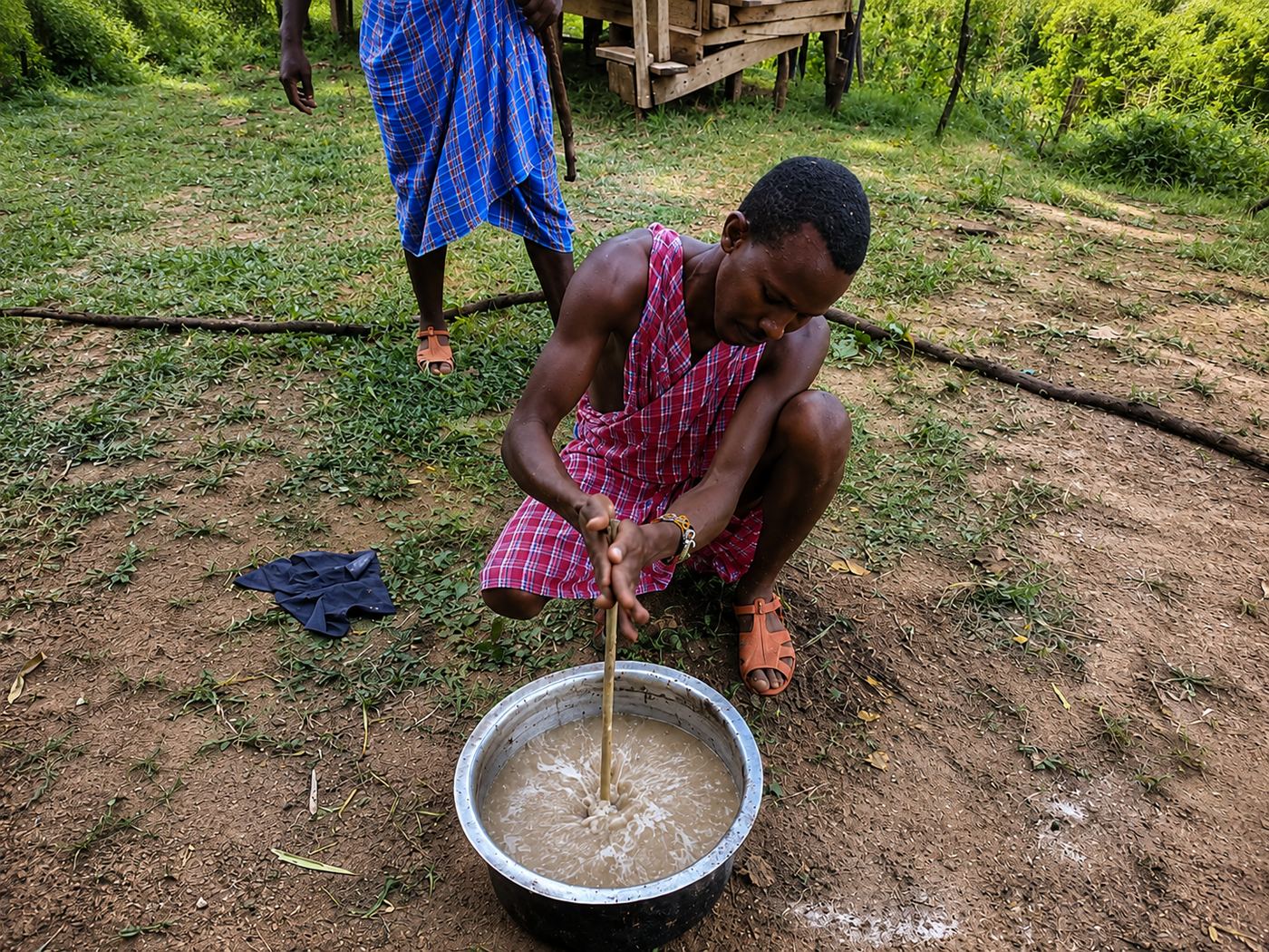 Bone marrow soup being prepared with traditional Maasai herbs at Nguruman Waterfront Resort