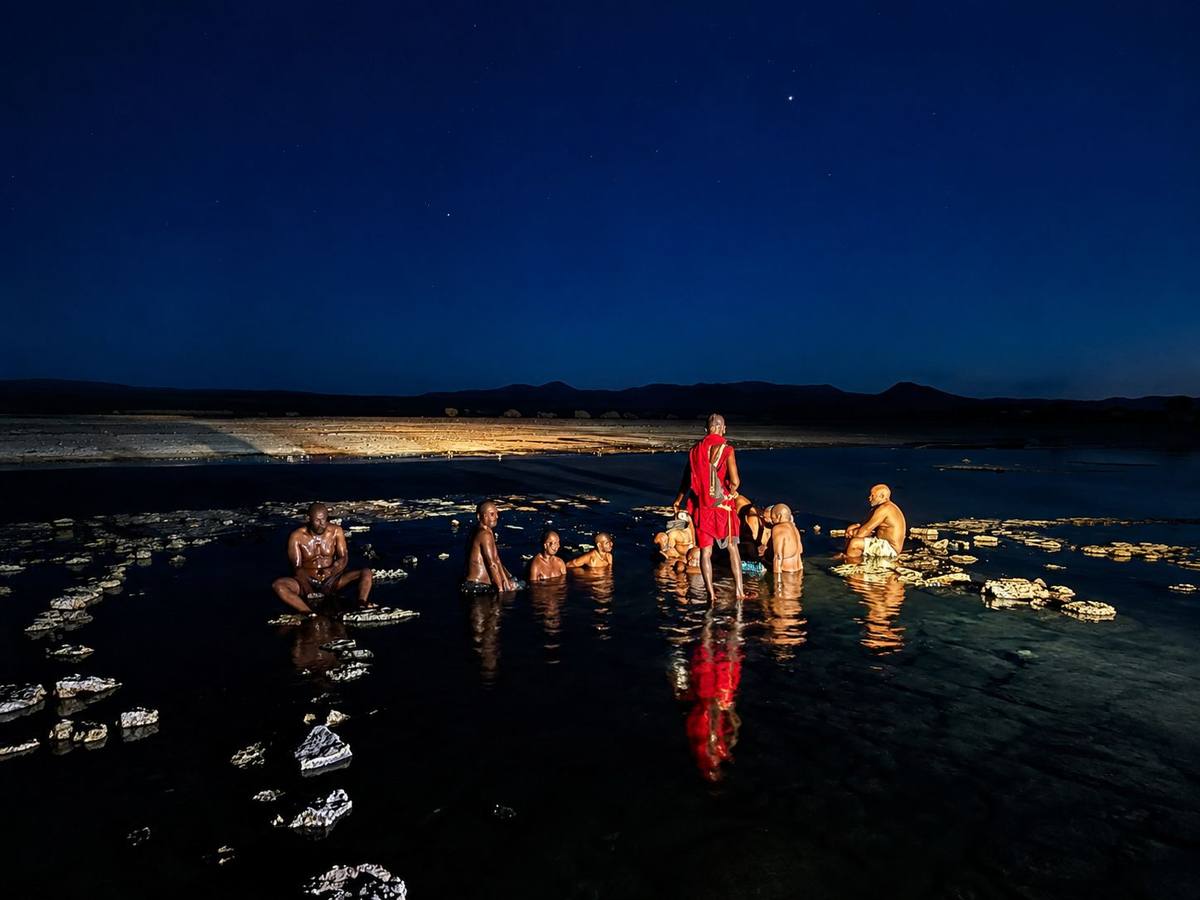Guests bathing in the natural hot springs near Lake Magadi at night